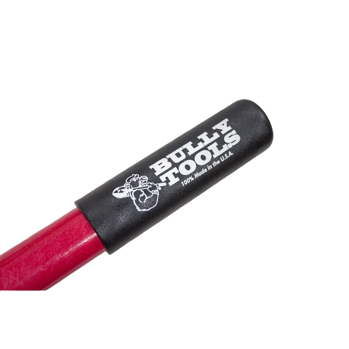 Close-up of red fiberglass handle with black grip featuring Bully Tools logo for home improvement projects