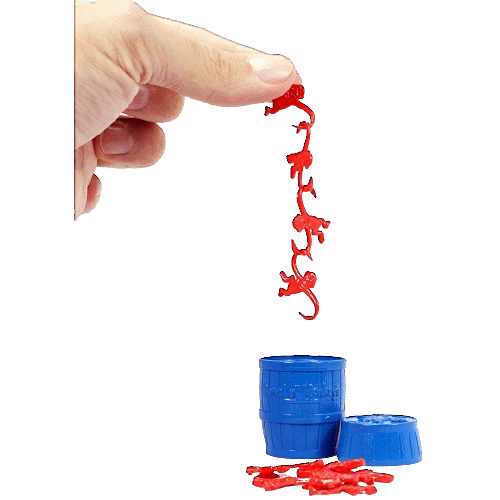 Hand holding a chain of tiny red plastic monkeys above a small blue barrel toy in the Toys & Games collection