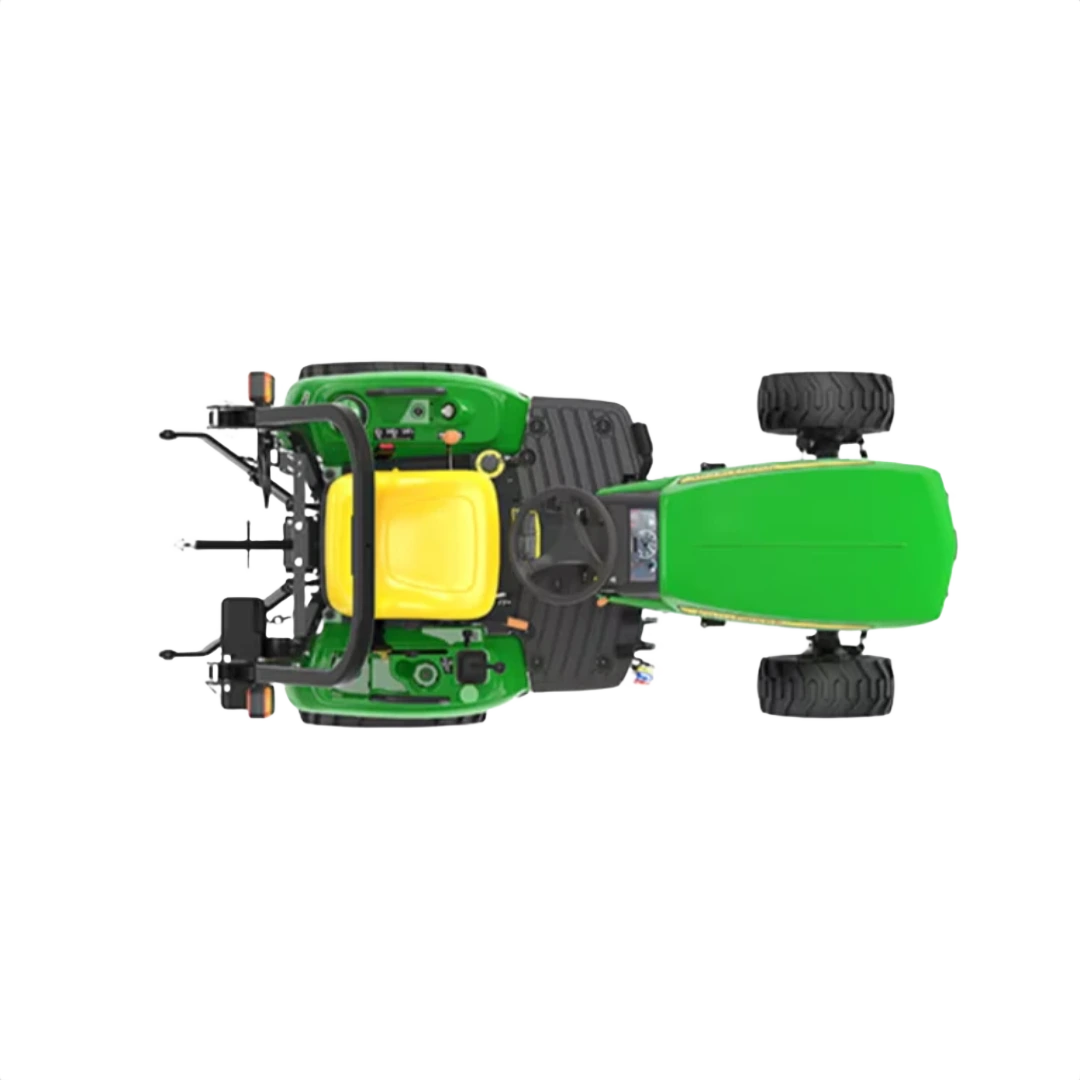 Top-down view of green and yellow sub-compact utility tractor with wide rear tires and ergonomic operator seat