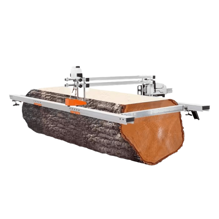 Portable milling machine with guide rail cutting smooth planks from large tree logs for woodworking and home improvement projects