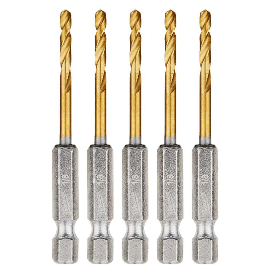Set of five 1/8 inch titanium drill bits with impact duty design in tool accessories and drill bits collections