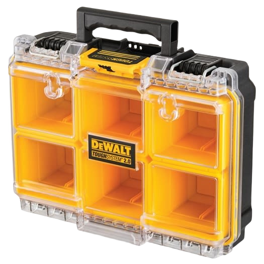 Compact yellow and black small parts organizer with six compartments and clear locking lid for tool storage and workshop use