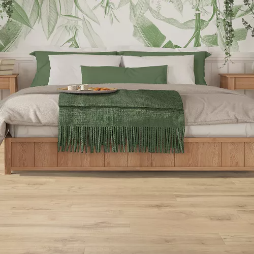 Light natural maple vinyl flooring with subtle grain in cozy bedroom setting for Vinyl Flooring and Flooring & Rugs collections under $100