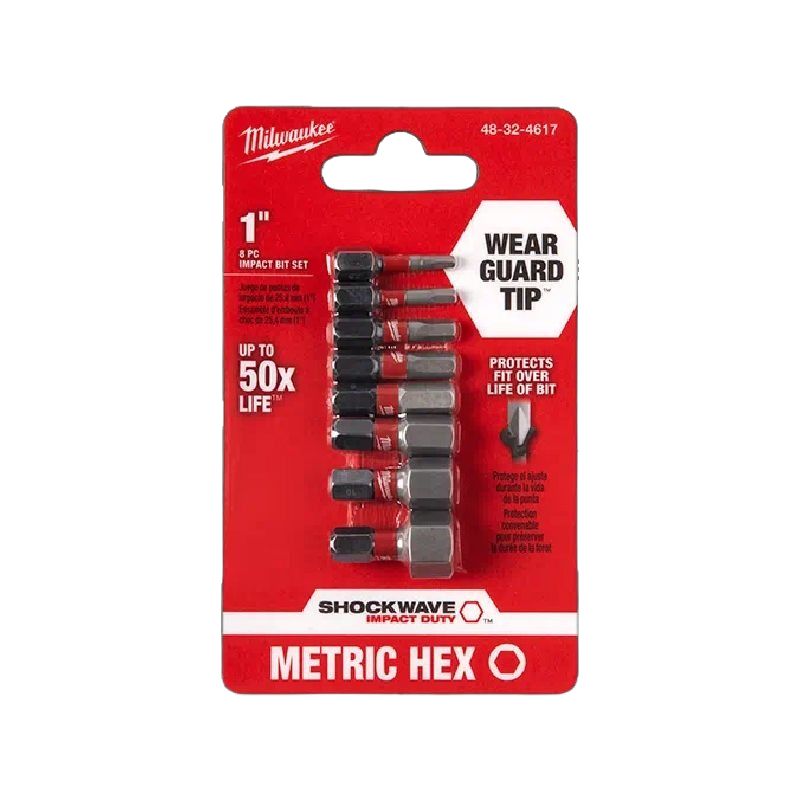 Set of eight 1-inch metric hex impact bits with Wear Guard Tip for durability, part of Tool Accessories and Power Tool Accessories collections.