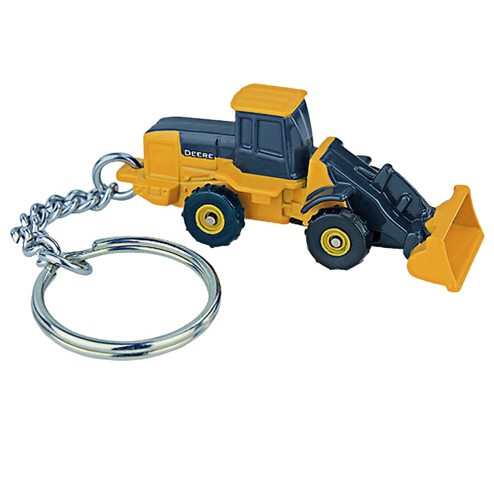 Miniature yellow and black wheel loader key chain with detailed loader bucket and attached metal key ring