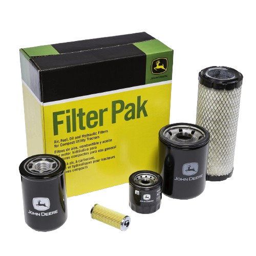 John Deere Filter Pak with multiple oil, air, and fuel filters for compact utility tractors in parts and lubricants collection