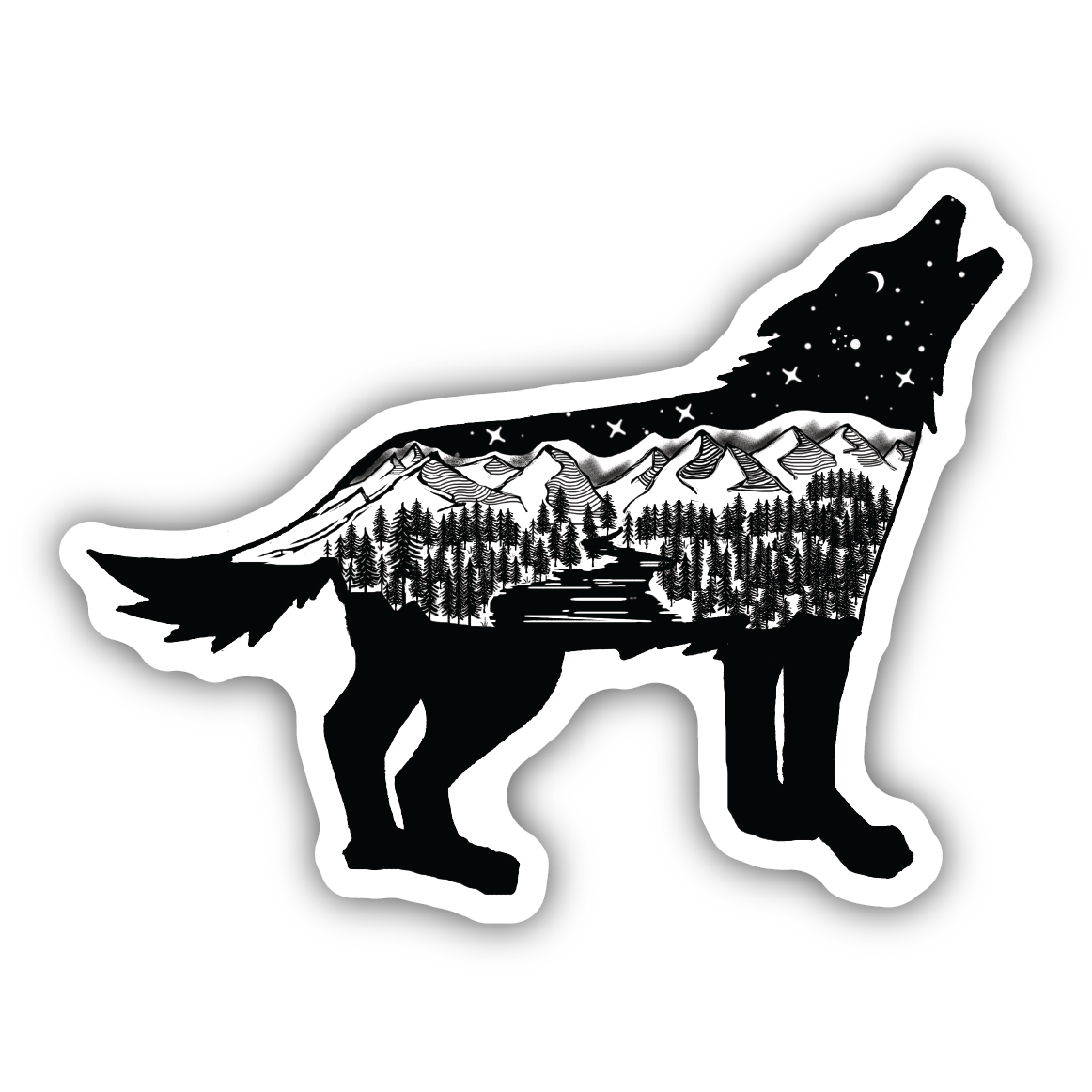 Silhouette of a howling wolf filled with mountain, forest, and night sky scene in black and white sticker design