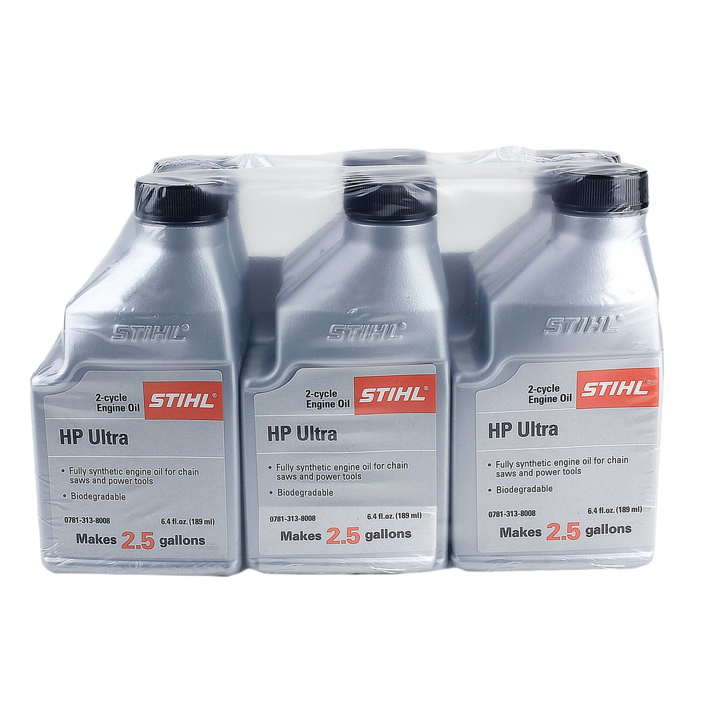 Six-pack of STIHL 6.4 oz. high-performance synthetic engine oil bottles for use with chainsaws and power tools
