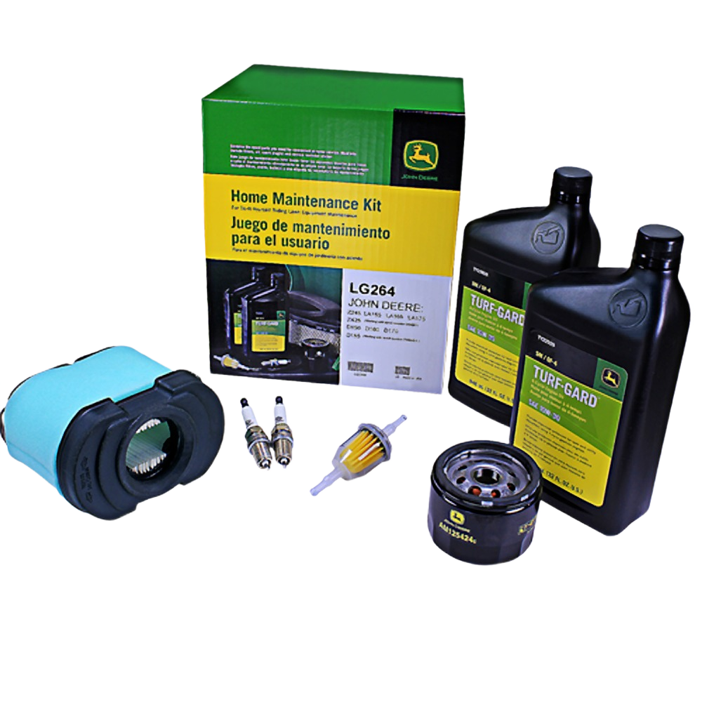 John Deere home maintenance kit with oil, air filter, spark plugs, and fuel filter for tools and home improvement tasks