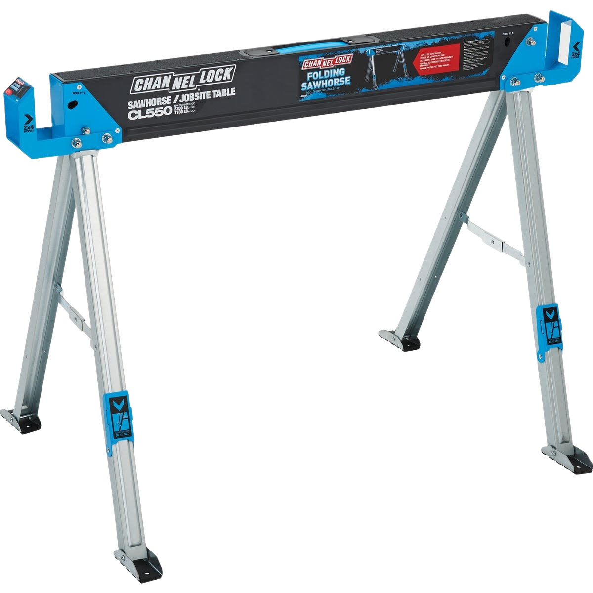 Folding steelfolding sawhorse with steel legs and durable black and blue support beam for home improvement tasks