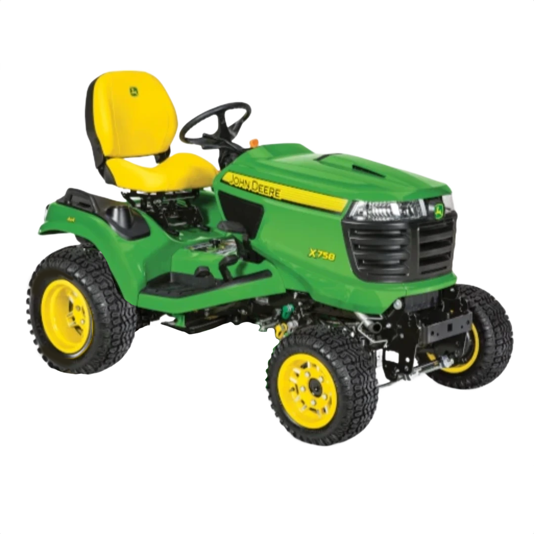 Green and yellow riding lawn mower from John Deere with large tires and a comfortable seat for outdoor use