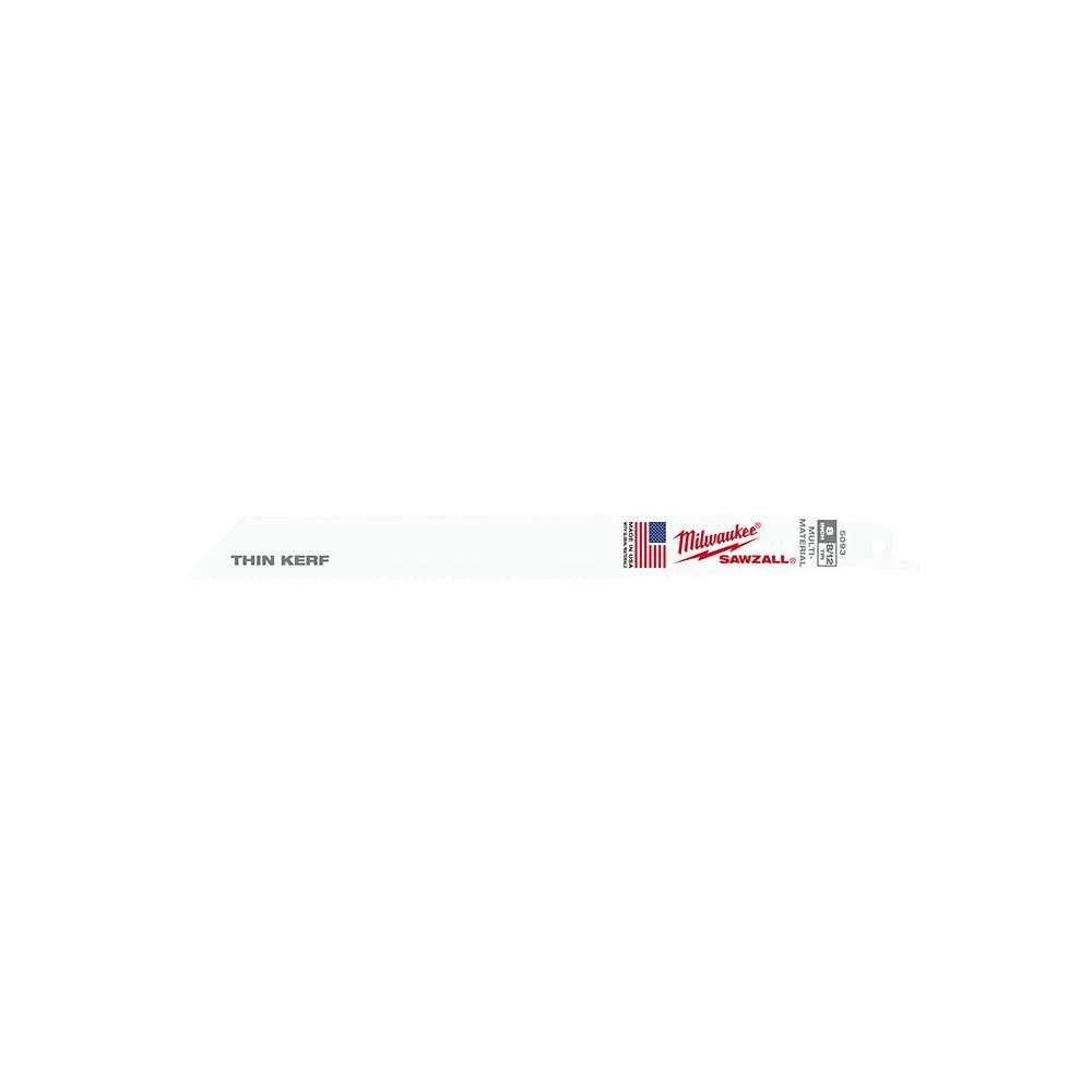 White thin kerf reciprocating saw blade with red Milwaukee branding for woodworking tool accessories and power tools.