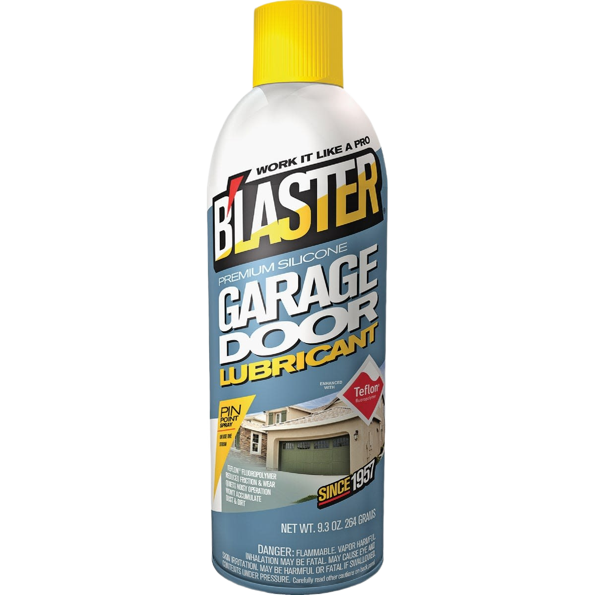 Aerosol can of silicone lubricant with yellow cap for garage door maintenance in home improvement projects