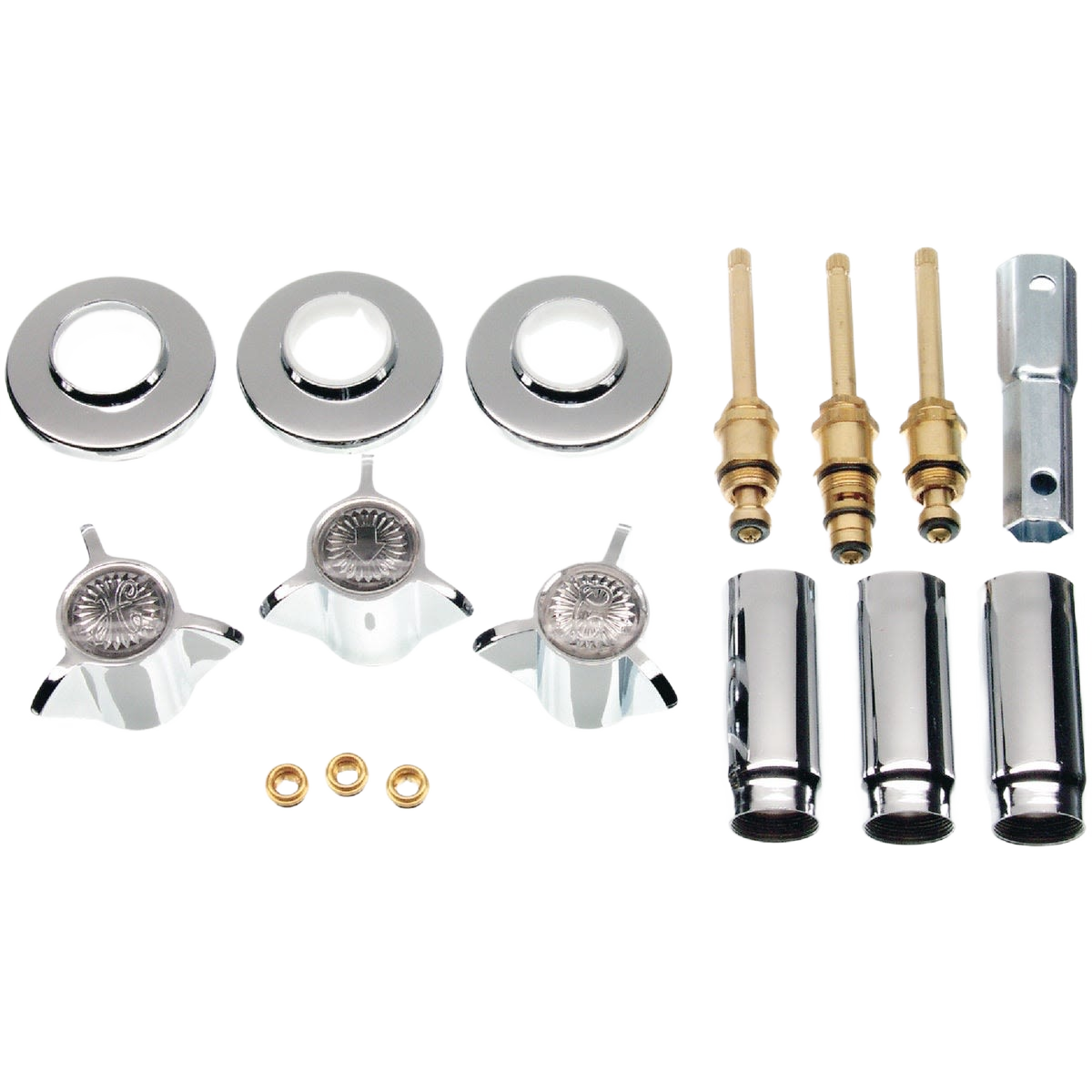 Chrome and brass faucet valves, handles, and escutcheons for tub and shower repair and home improvement tasks