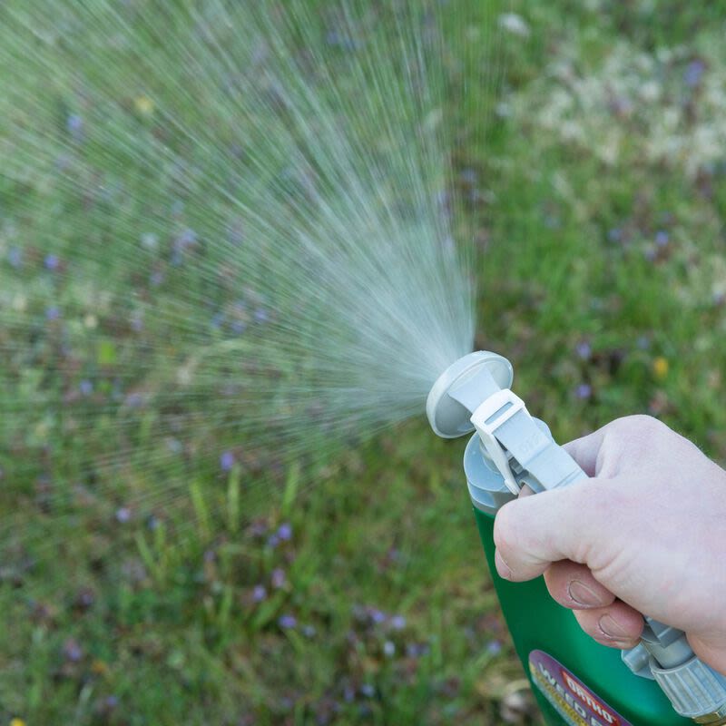 Hand spraying green bottle of Ortho weed killer on lawn weeds for garden care under $50 collections