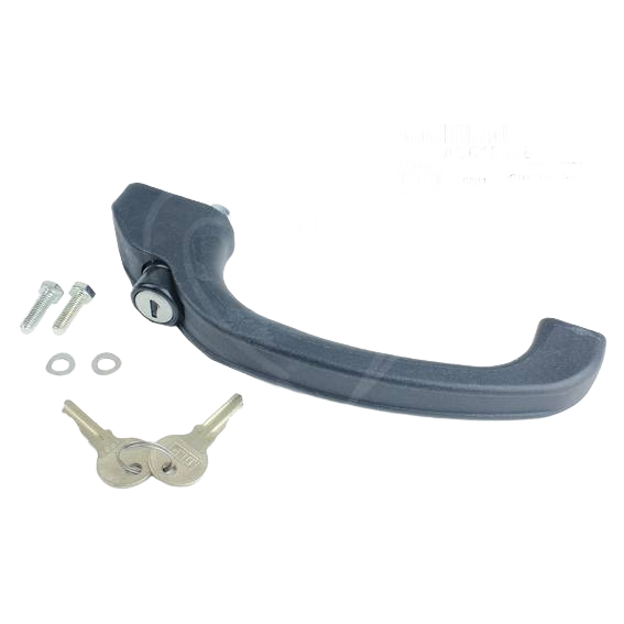 Black deluxe glass door handle with locking mechanism, keys, and mounting hardware for John Deere parts and accessories collections