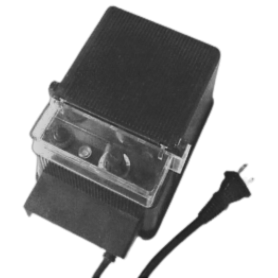 Black outdoor transformer with clear protective cover and attached power cord for LED deck lighting use