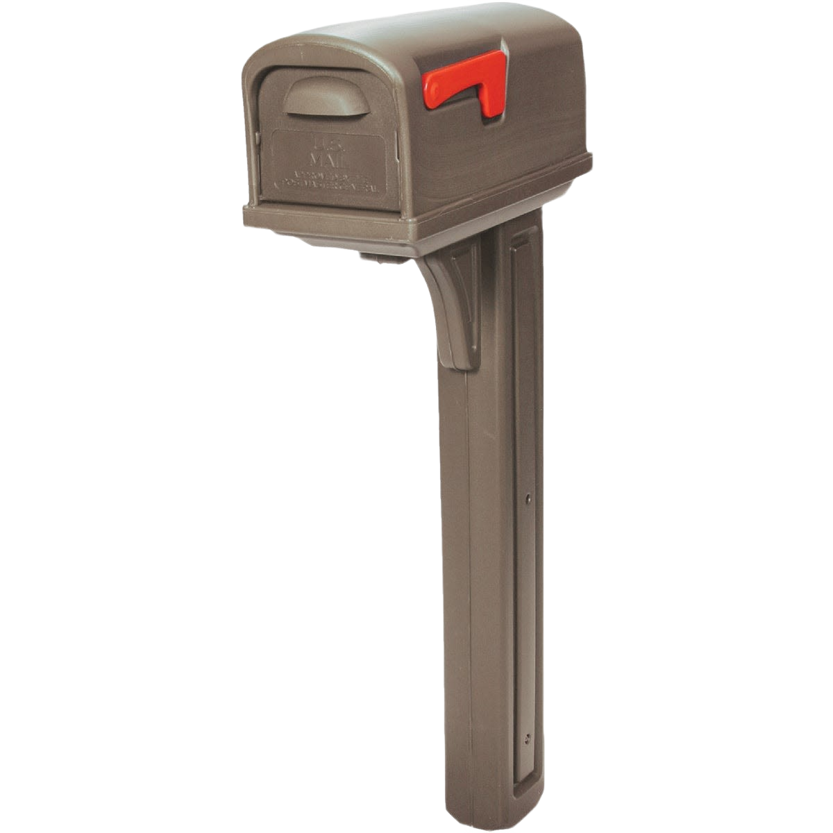 Durable brown mailbox with red flag mounted on a matching post for residential mail delivery and home improvement use