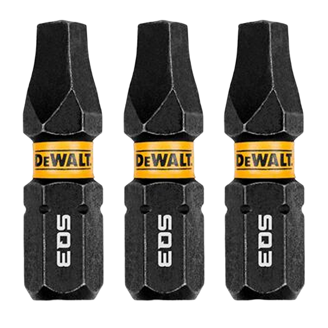 Set of three black square drive drill bits with yellow logos for precision drilling in home improvement tasks