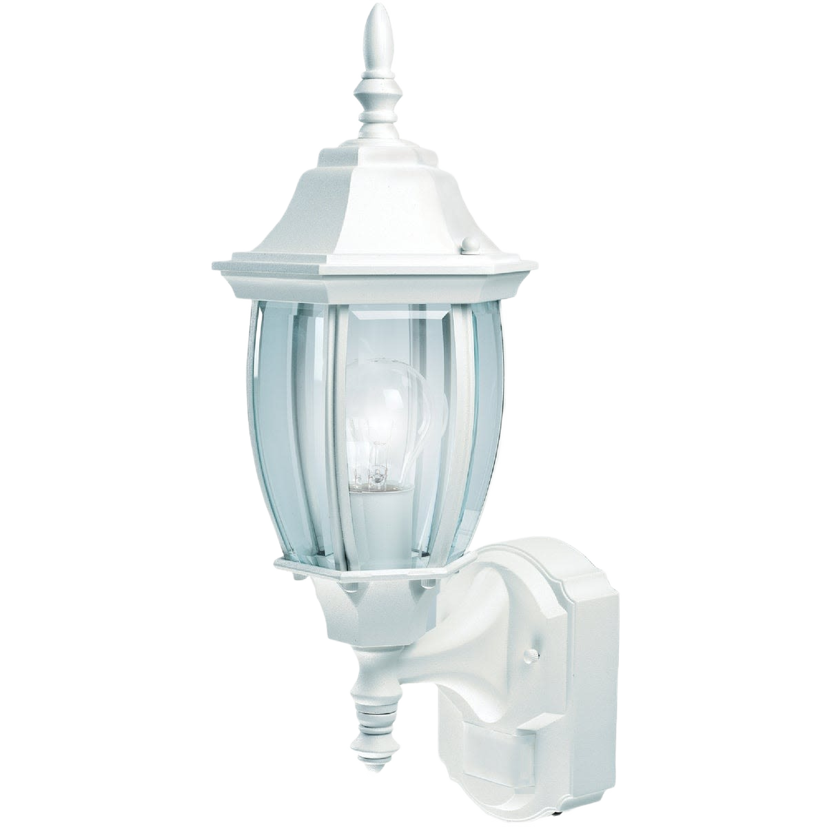 White outdoor wall-mounted incandescent light fixture with motion sensor for home improvement projects