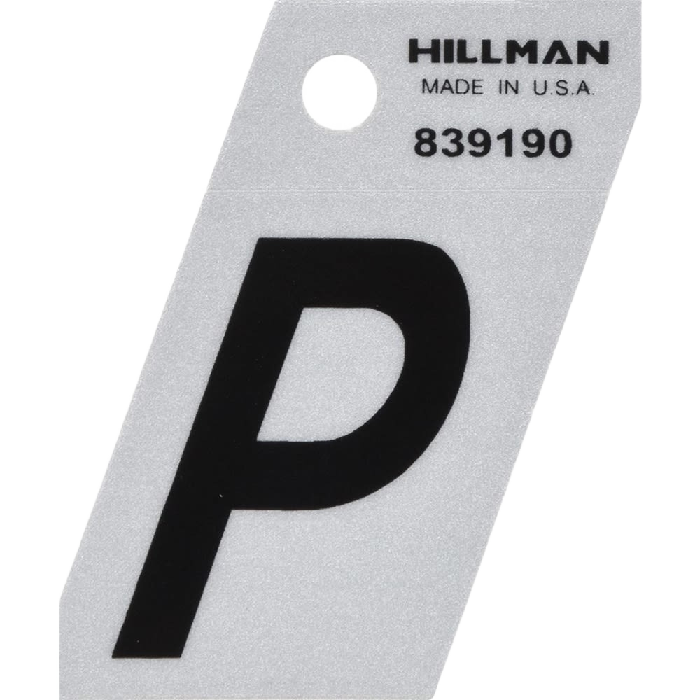 Reflective black and silver Mylar sticker letter P with durable tear-resistant material for hardware and home improvement use