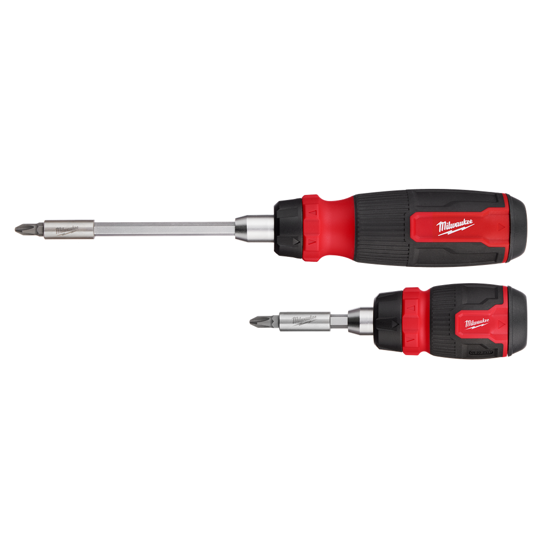 Two red and black ratcheting multi-bit screwdrivers for versatile home improvement and tools projects