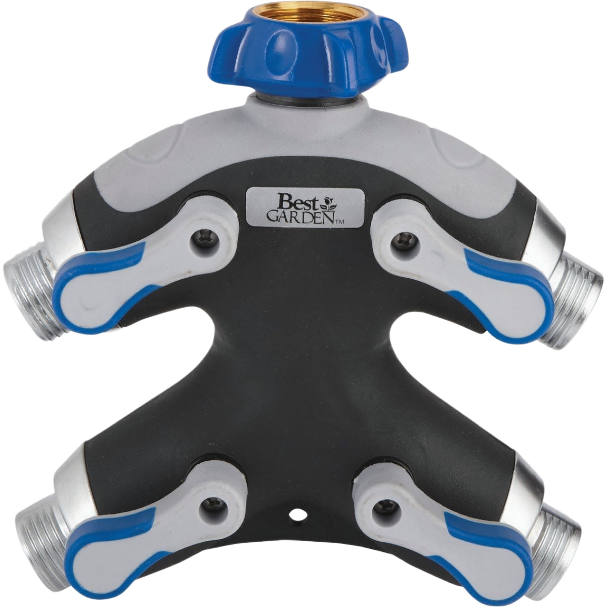 Metal garden hose manifold with four rubber-overmold shutoff valves for watering and irrigation tasks
