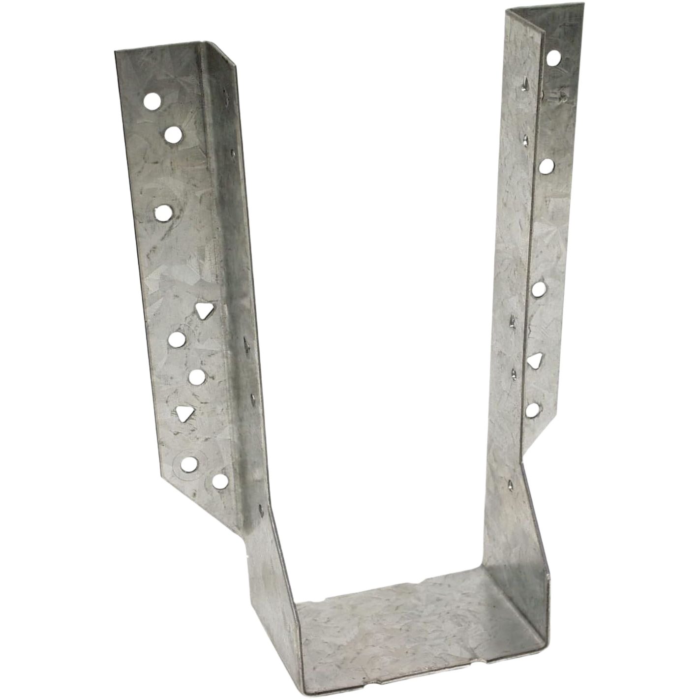 Galvanized steel joist hanger with pre-drilled holes for securing 4x10 lumber in building materials collection