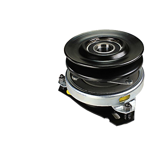 Close-up of metal electromagnetic PTO clutch brake component with pulley for tools and home improvement projects