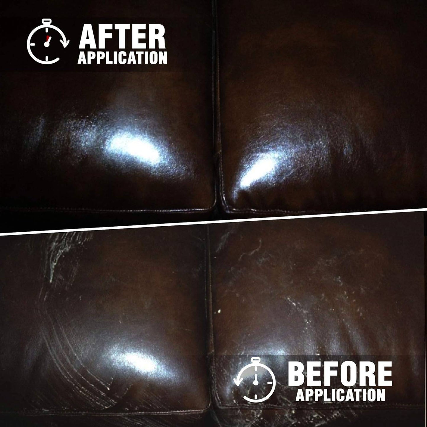 Close-up comparison of dark leather sofa cushions before and after using cleaner in cleaning supplies under $50 collection