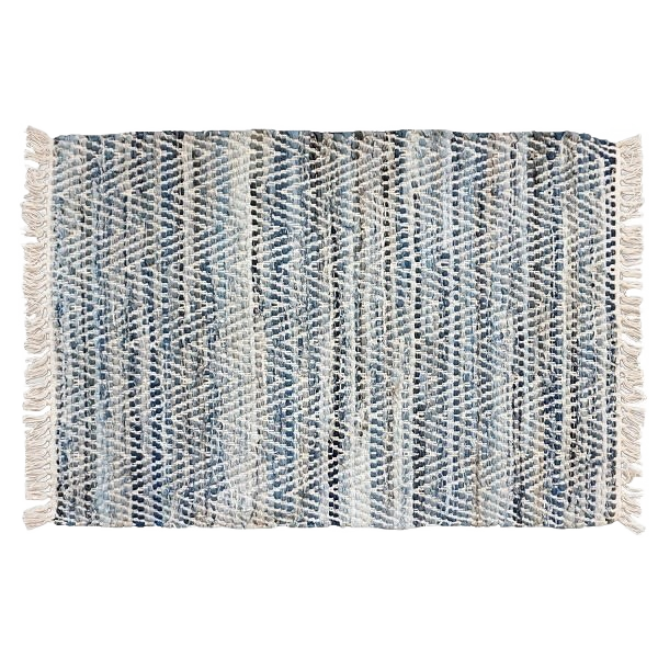 Blue and gray woven rag rug with geometric pattern and fringed edges for home decor and improvement use
