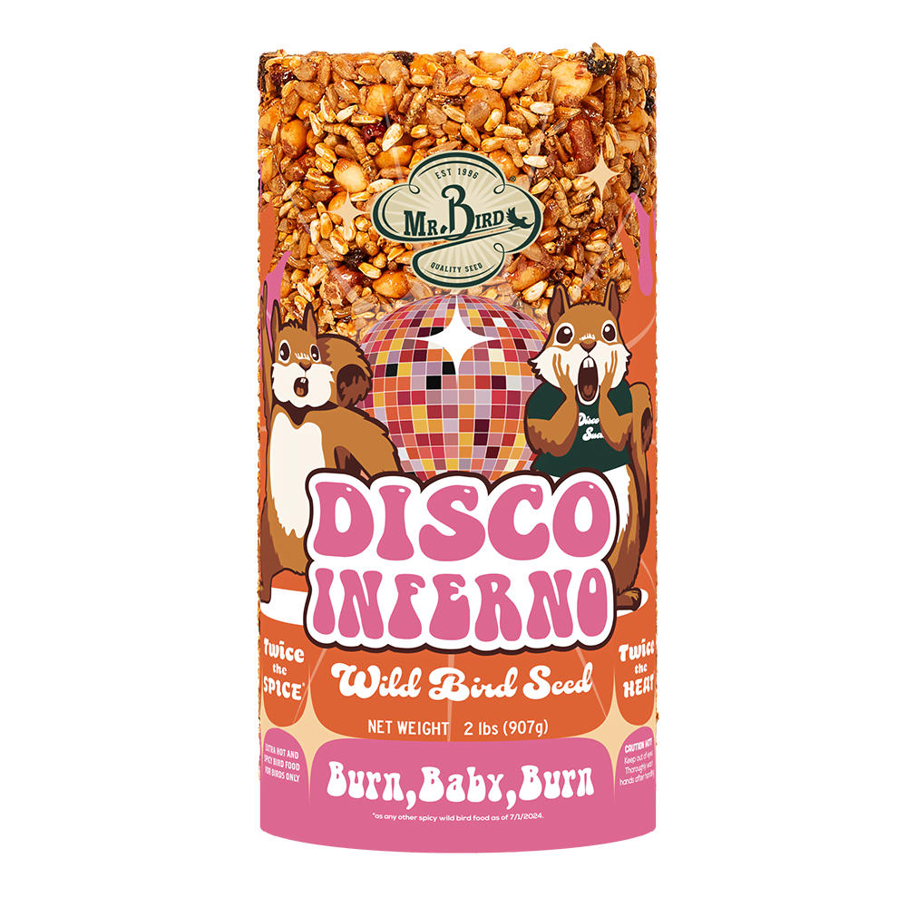 Clear pouch packaging of Mr. Bird Disco Inferno small seed blend with playful squirrel illustrations and seed mix visible inside