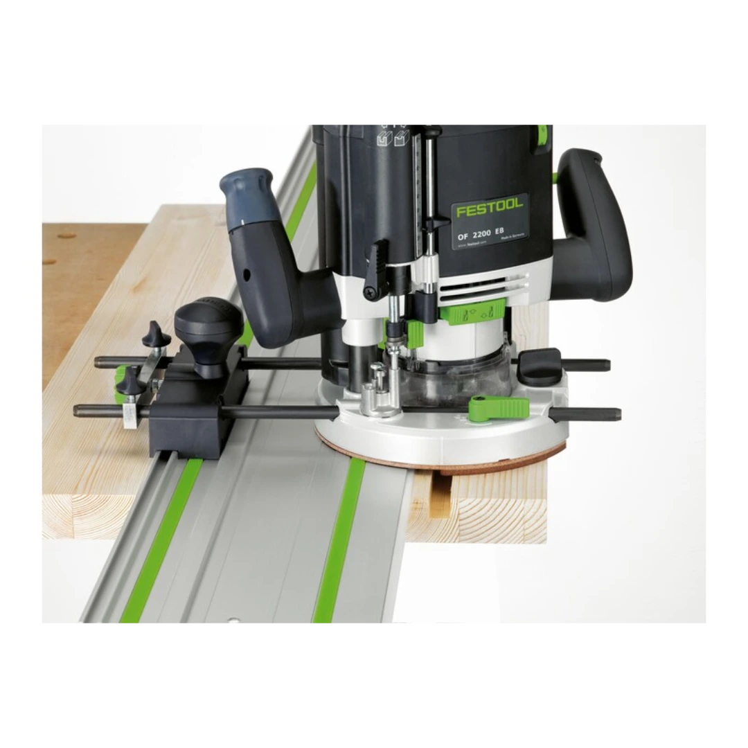 Festool router attached to a guide rail with black and green Festool 495247 OF 2200 Router Guide Rods for woodworking tools.