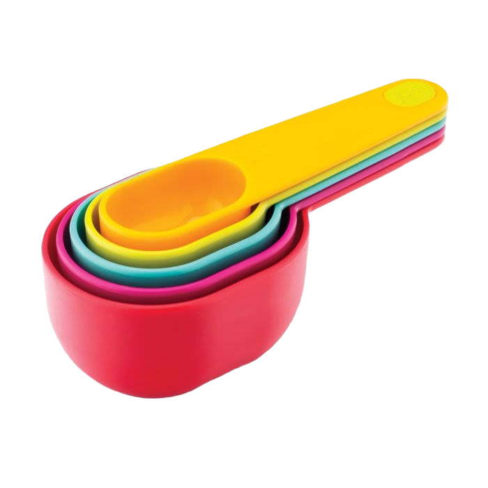 Set of five colorful nested measuring cups in vibrant hues for kitchenware and kitchen gadgets under $50 collections