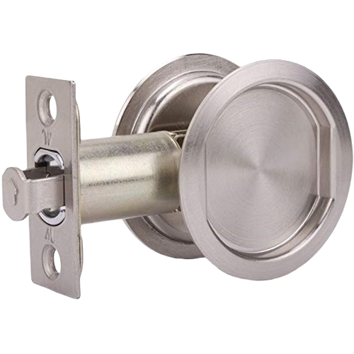 Round satin nickel sliding pocket door passage with latch for smooth, step operation in door hardware and home improvement collections