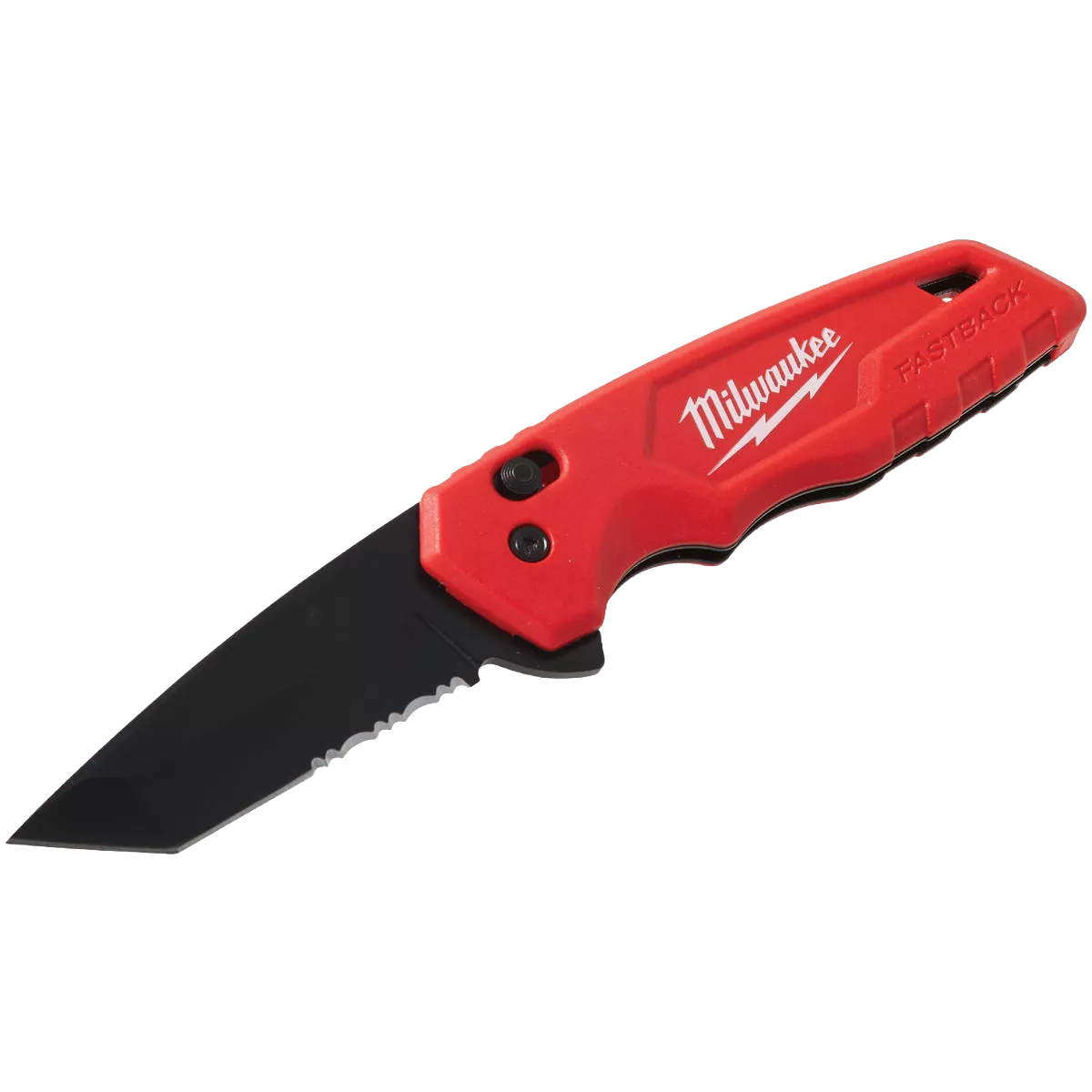 Red folding utility knife with spring-assisted mechanism and partially serrated black blade for home improvement tasks