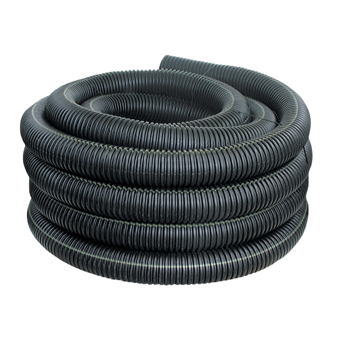 Coiled black corrugated solid pipe made from high-density polyethylene for plumbing and drainage projects under $100