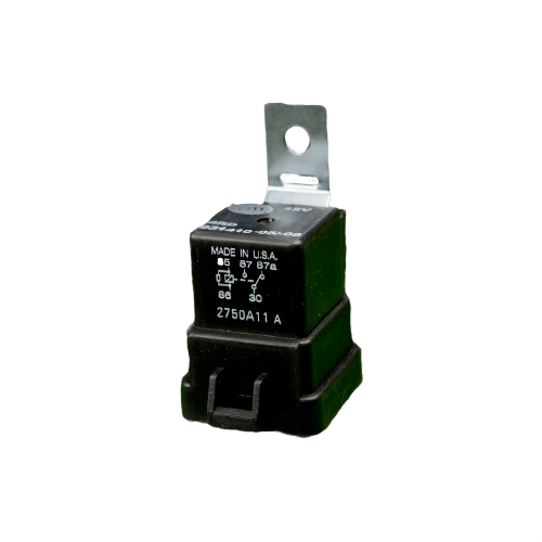Black electrical relay with metal mounting bracket and printed circuit diagram for automotive or home improvement use