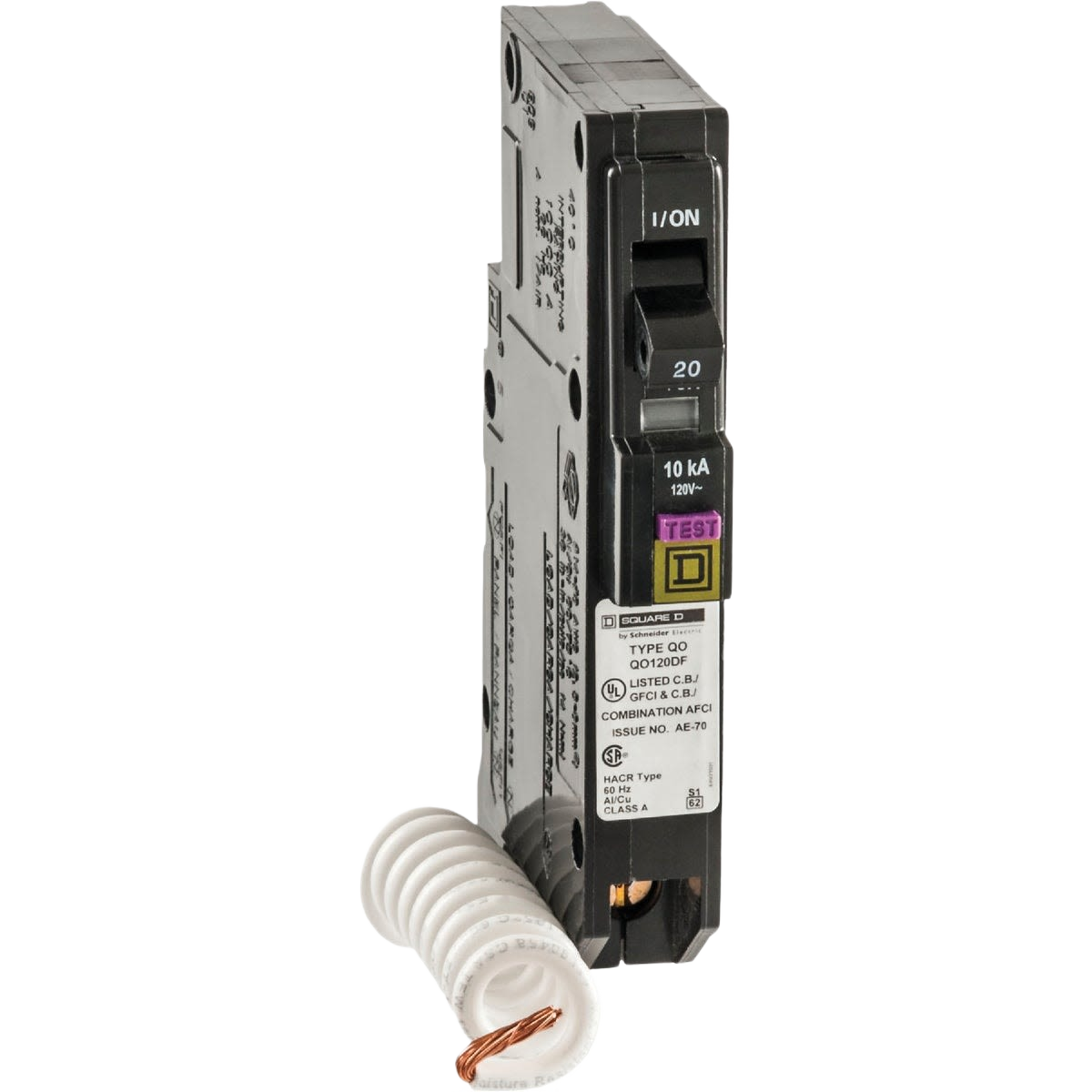 Black electrical circuit breaker with attached white wire for home improvement and electrical safety applications