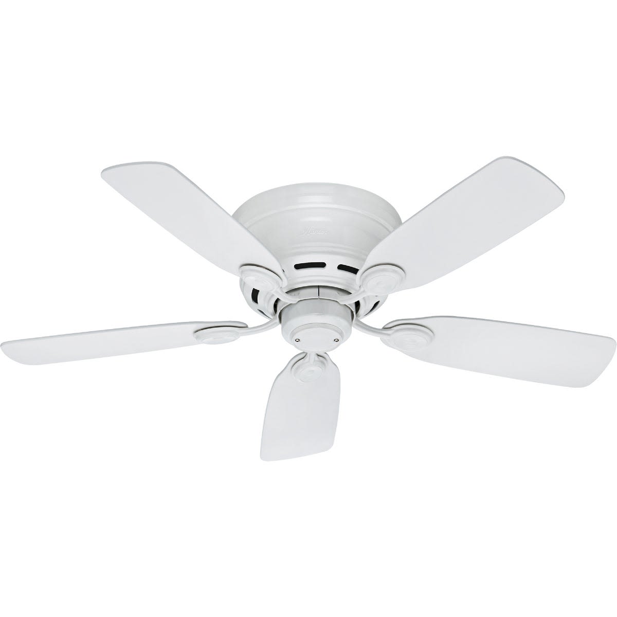 White low profile ceiling fan with five blades for indoor use in lighting and home decor collections