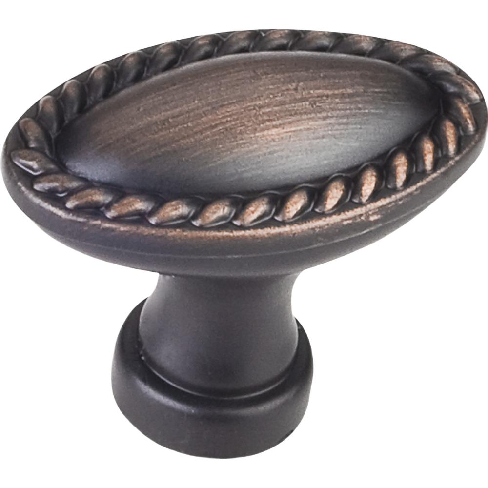 Oblong cabinet knob with twisted rope edge detail in brushed oil rubbed bronze finish for home improvement projects