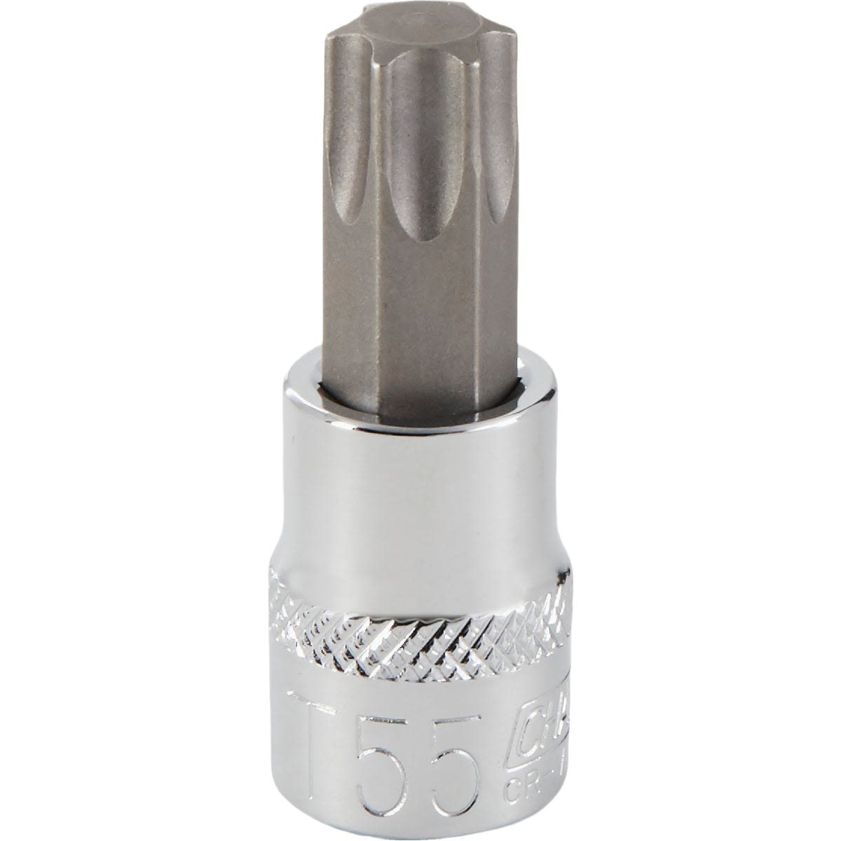 Chrome vanadium steel T55 6-point Torx bit socket with textured grip, ideal for hand tools and home improvement projects