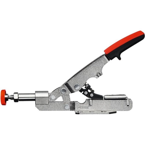 Horizontal toggle clamp with metal body and red-accented ergonomic handle for securing workpieces in home improvement tasks