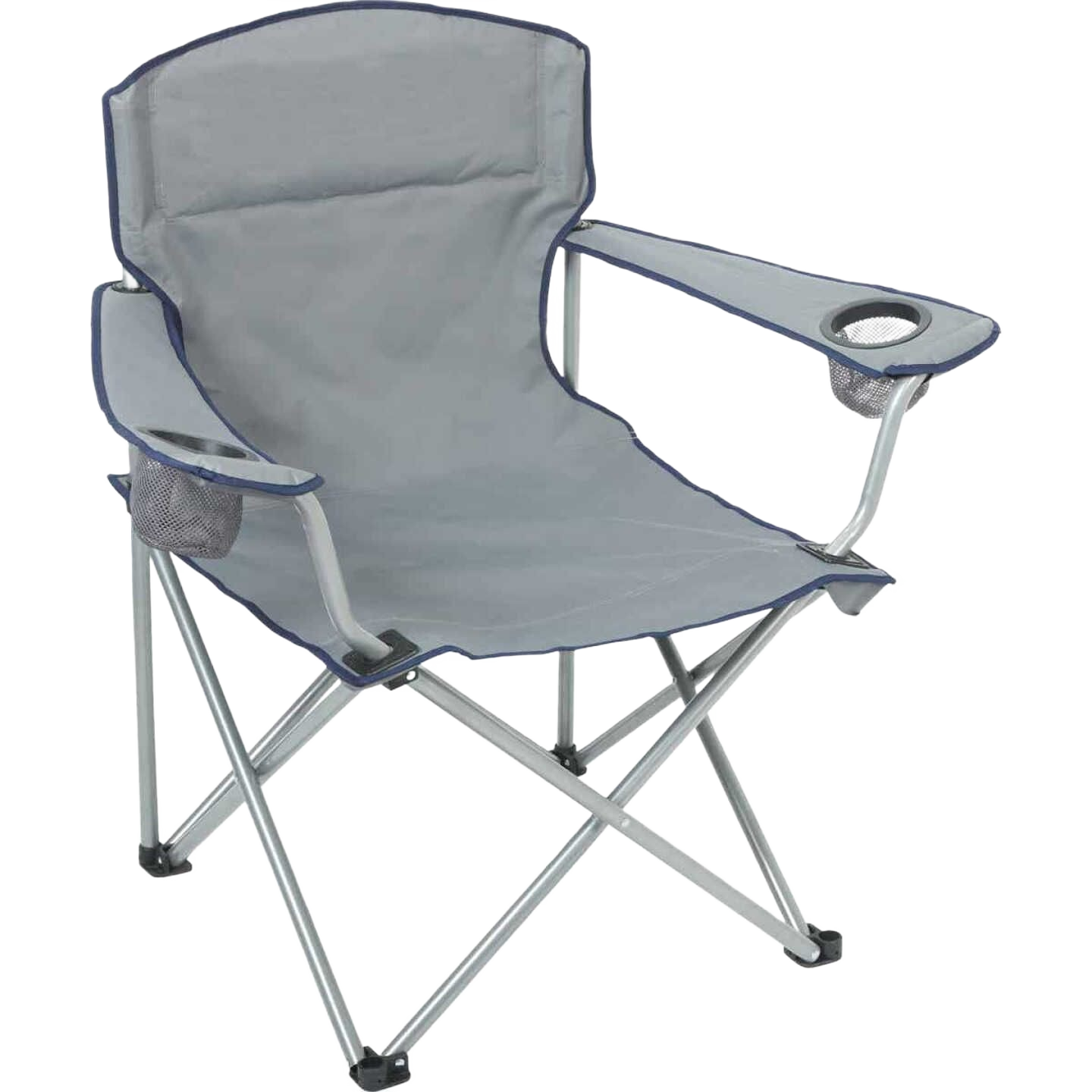 Gray sling fabric oversized folding camp chair with cup holder for outdoor living and patio furniture collection