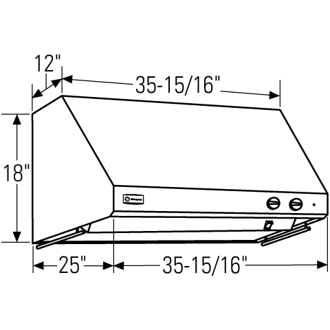 Line drawing of a stainless steel wall-mounted kitchen hood with dimensions and control knobs for over the range use.