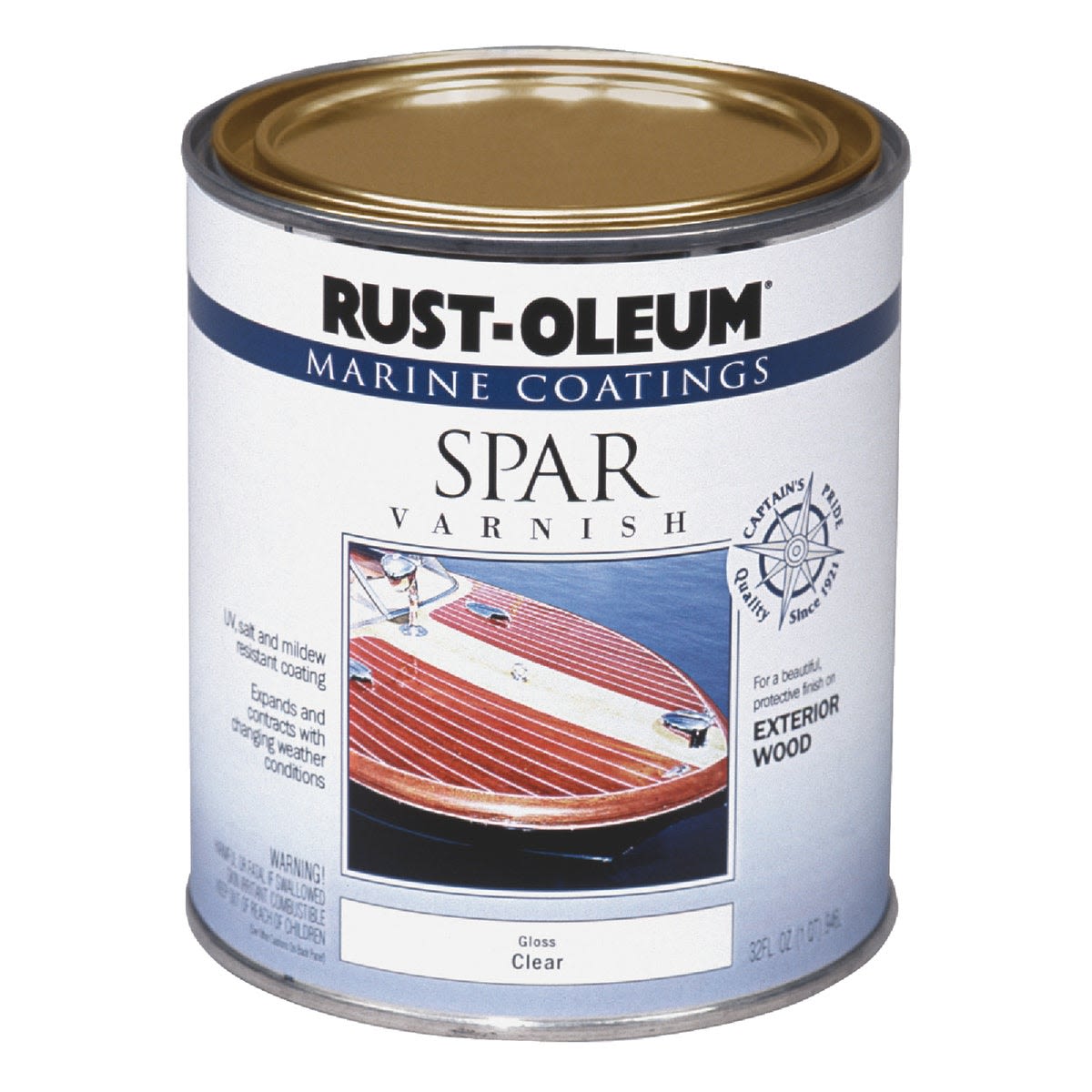 Quart of clear spar varnish from Rust-Oleum Marine Coatings for protecting exterior wood surfaces in home improvement projects