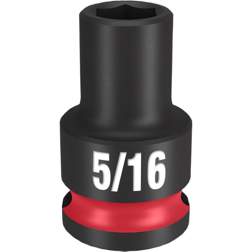Black impact socket with 5/16 size marking and red band, designed for heavy-duty hand tool use in home improvement projects