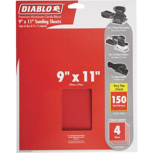 Red 150-grit sanding sheets in 9 by 11 inches size, packaged in a 4-count set for home improvement tasks