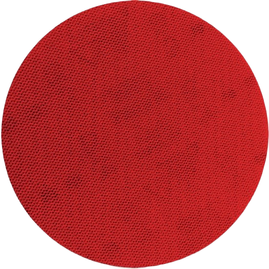 Red abrasive sanding disc with mesh textured surface for power tool accessories in home improvement collections.