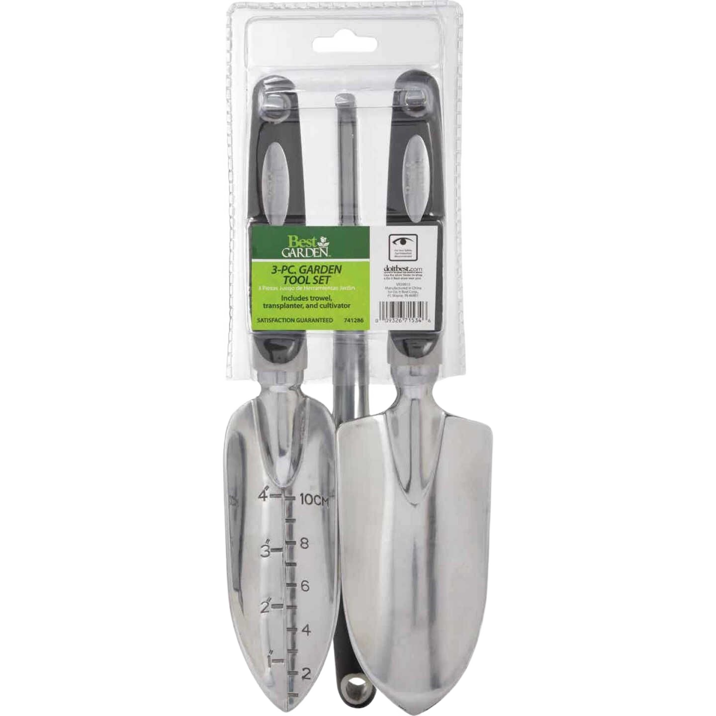Three-piece aluminum garden hand tools set with black handles including trowel, cultivator, and transplanter under $50 collection